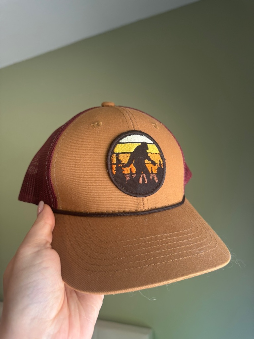 Brown and Maroon Trucker Hat with Sunset Patch